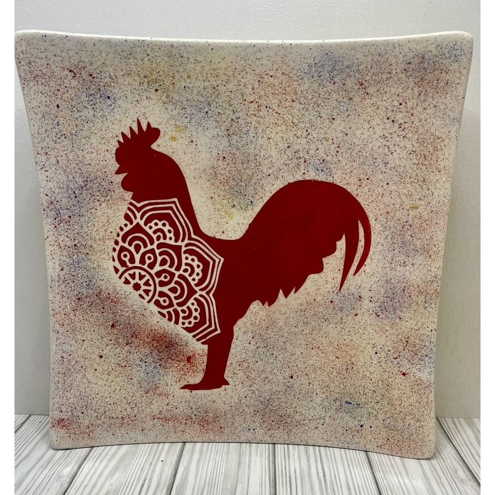 Handmade Ceramics Rooster 11.25" Square Decorative Plate